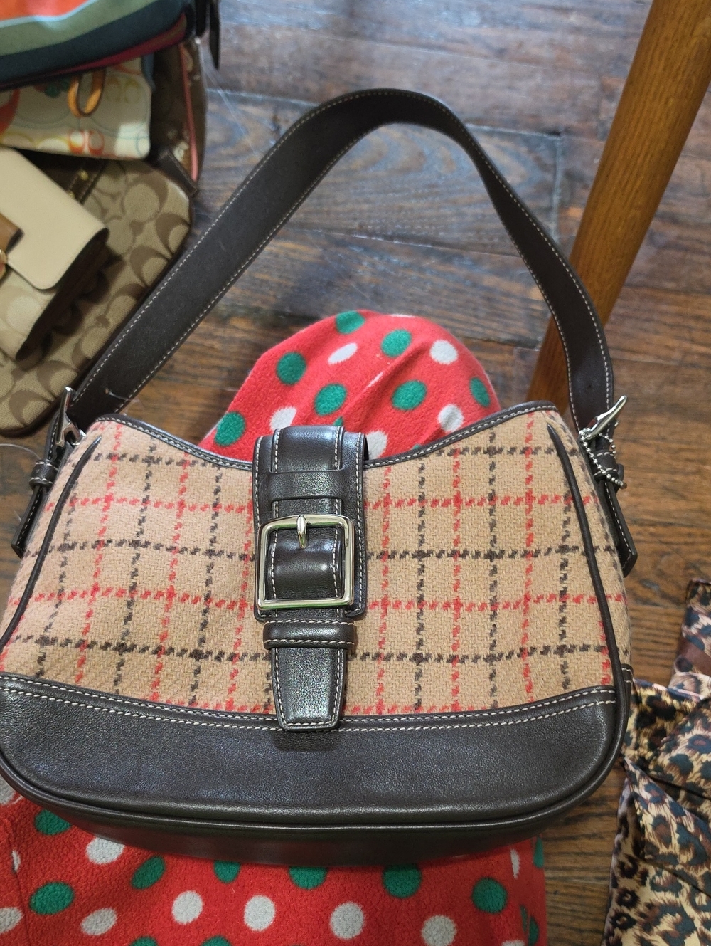 Coach Beige Plaid Shoulder Bag with Brown Leather Trim